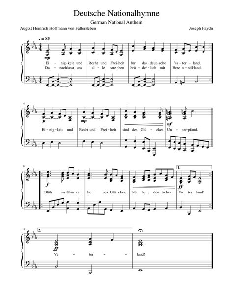 Deutsche Nationalhymne German National Anthem Sheet Music For Piano