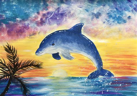 Bring your artwork to life with the texture and depth of a stretched canvas print. Dolphin Sunset Painting (for 5-8 year olds) - ArtBase