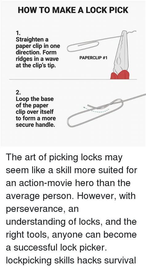 While maintaining light tension throughout this entire step, insert your paperclip lock pick into the keyway with the two bumps facing the pins. HOW TO MAKE a LOCK PICK Straighten a Paper Clip in One Direction Form Ridges in a Wave PAPERCLIP ...