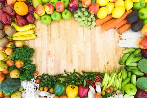 Colorful Fruits And Vegetables On Plank Background Photo Premium Download