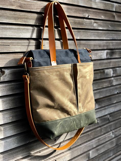 Waxed Canvas Tote Bag Office Bag With Leather Handles And Shoulder