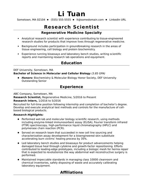 Entry Level Research Scientist Resume Sample