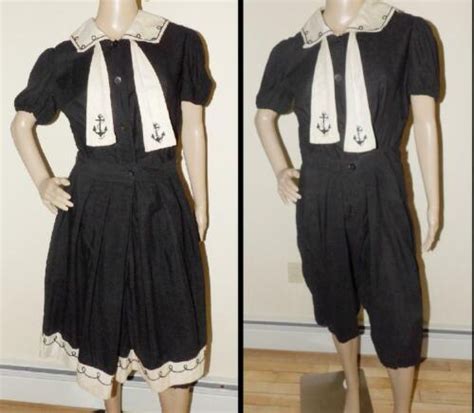 Rare Orig Victorian 2pc Wool Sailor Bathing Suit W Anchors Waves