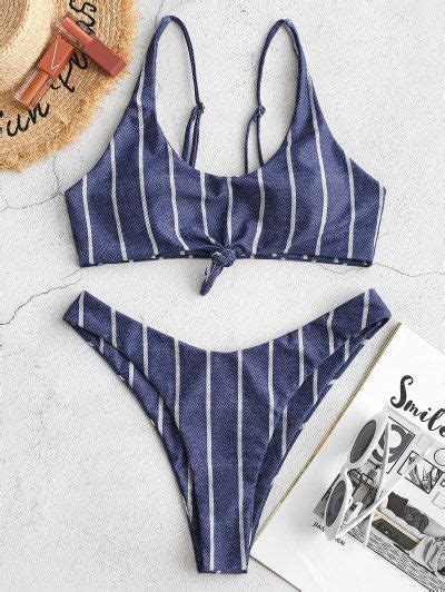 zaful denim print striped knotted high leg bikini swimsuit denim dark blue bikini swimsuits