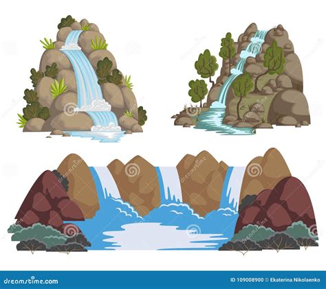 Waterfalls Set Cartoon Landscapes With Mountains And Trees Stock