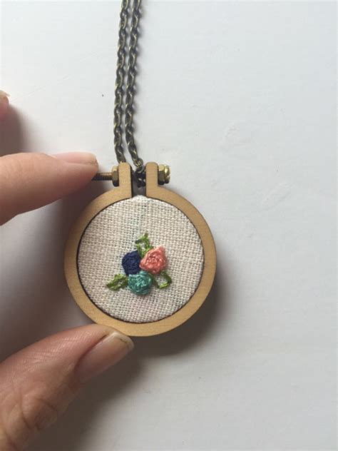 Hand Embroidery Floral Necklace Wooden Hoop Necklace Pink And Gre Aftcra