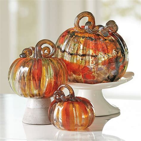Harvest Surreal Pumpkins With Amber Stems By Leonoff Art Glass Art