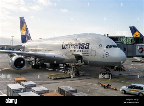 Airbus A 380 800 Of Lufthansa Docked At The Airport Stock Photo Alamy
