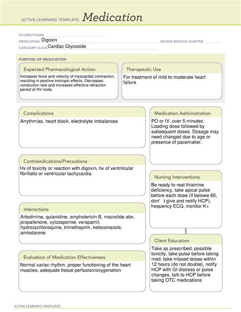 Digoxin Med Card Medication Card For Ati And Cpe Testing Practice