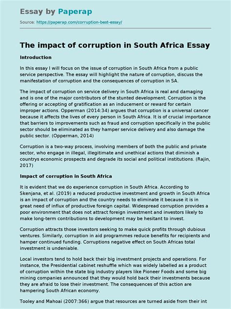 The Impact Of Corruption In South Africa Free Essay Example