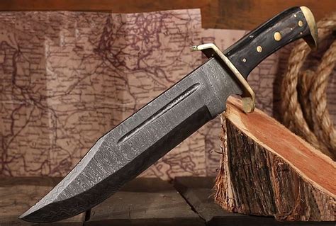 Large Damascus Steel Outlaw Fighting Bowie Knife Full Tang Wleather