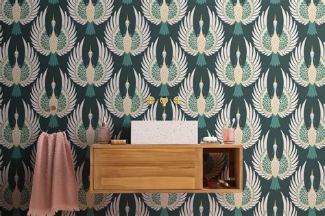 Green Art Deco Crane Bird Pattern Wallpaper Hovia