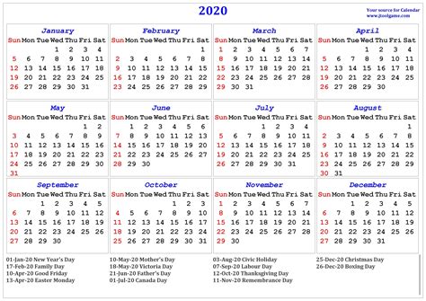 2020 Calendar Federal Holidays Calendar Printable Free