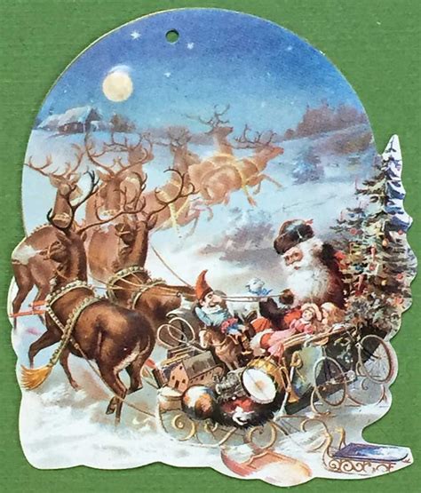 Old Fashioned Santa On Sleigh Wreindeer Victorian Christmas Etsy