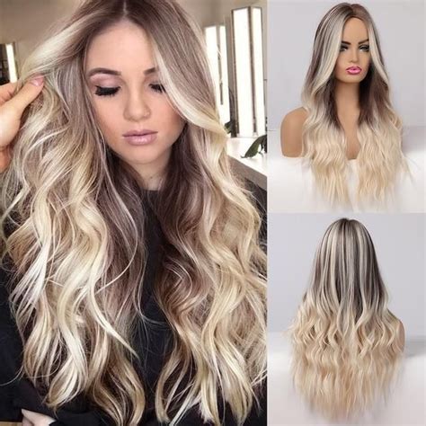 Long Ombre Brown Platinum Blonde Wigs Side Part Synthetic Wavy