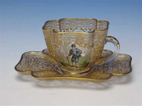 Moser Glass Bohemian Enamel And Gold Portrait Decorated Cup And Saucer Glass Tea Cups Tea