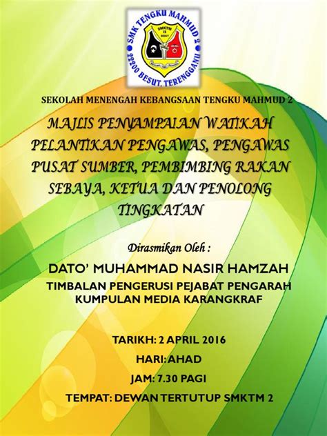 Pengawas pusat sumber yang dilantik. Buku Program Majlis Penyampaian Watikah Pelantikan Pengawas