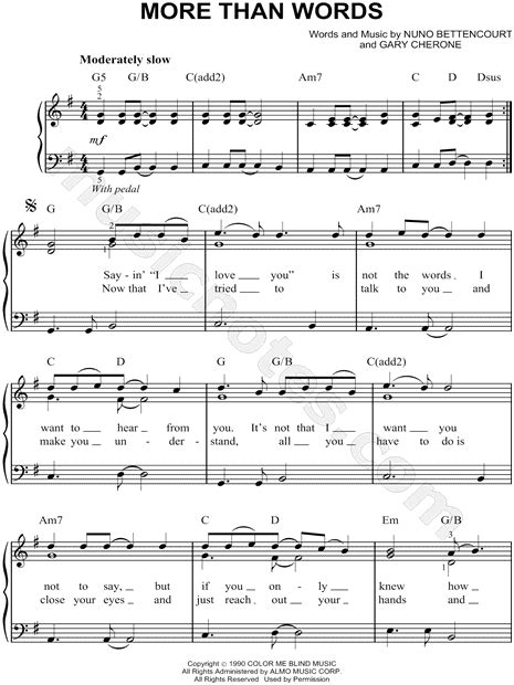 Saying i love you is not the words i want to hear from you it's not that i want you not to say but if you only knew. Extreme "More Than Words" Sheet Music (Easy Piano) in G ...