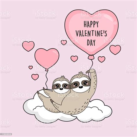 Happy Valentines Day Card Cute Sloth Cartoon With Heart Balloon Stock