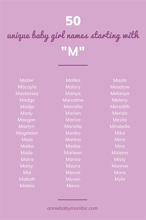 These english baby names for girls is sure to make one stand out from the crowd. 50 UNIQUE Baby Girl Names Starting with "M" | Annie Baby ...