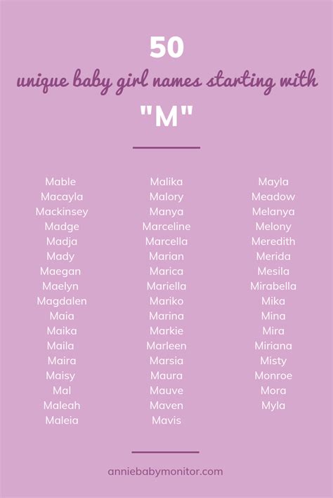 Choosing a name for your baby is exciting and terrifying at the same time. 50 UNIQUE Baby Girl Names Starting with "M" | Annie Baby ...