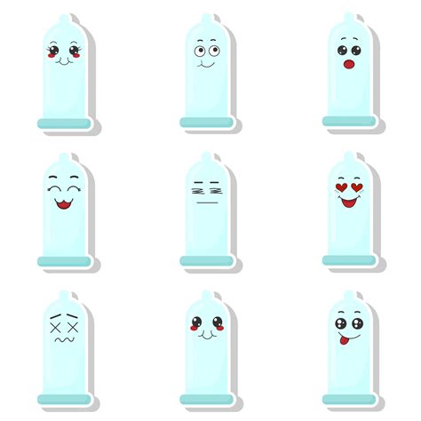 Premium Vector Set Of Stickers Funny Condoms With Kawaii Emotions Flat Vector Illustration Of