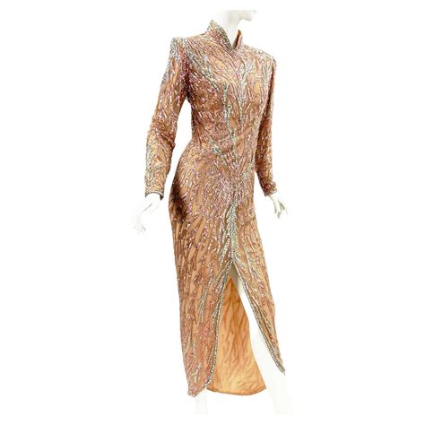 Bob Mackie 80s Sheer Illusion Gold Bugle Bead Sequin Embellished Evening Dress For Sale At