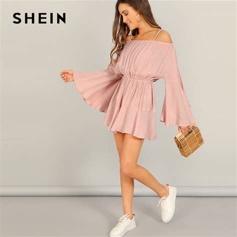 Buy Shein Pink Exaggerate Bell Sleeve Romper With