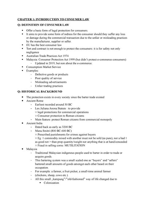 Consumer LAW Notes - CHAPTER 1: INTRODUCTION TO CONSUMER LAW Q