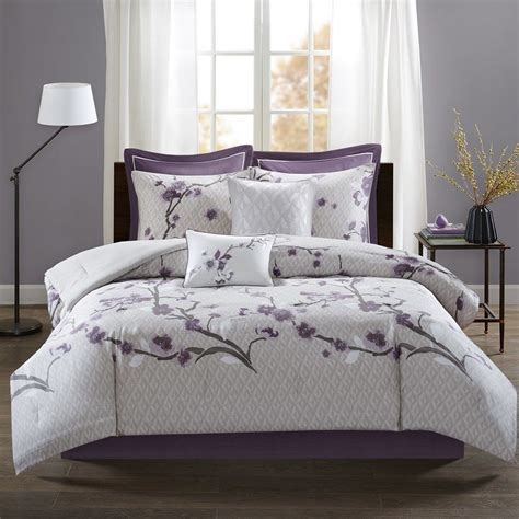 8pc Purple And Grey Floral Cotton Comforter Set And Decorative Pillows