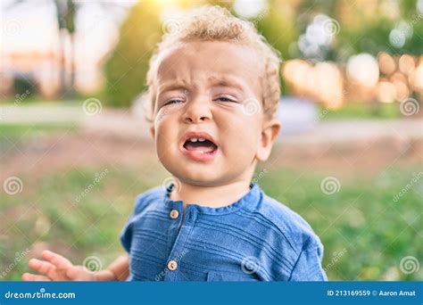 Cute And Sad Little Boy Crying Having A Tantrum At The Park On A Sunny