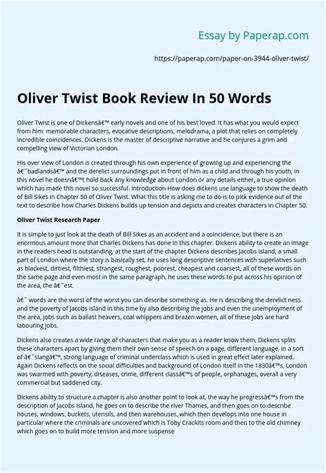 Oliver Twist Book Summary Essay Example 100 200 Words