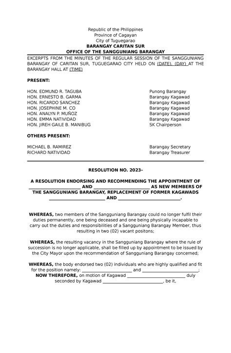 Barangay Resolutiono To Appoint Kagawad Template Republic Of The