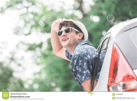 Fashionable Guy Enjoying Road Trip In Nature Stock Photo Image Of
