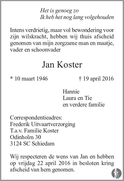 Jan Koster 19 04 2016 Overlijdensbericht En Condoleances Mensenlinqnl