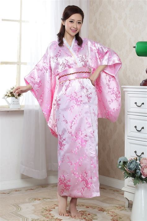 novelty pink japanese women kimono yakata with obi traditional silk satin evening party dress