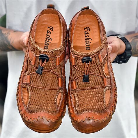 Mens Sandals 2020 New Breathable Leather Mesh Patchwork Male Sandals