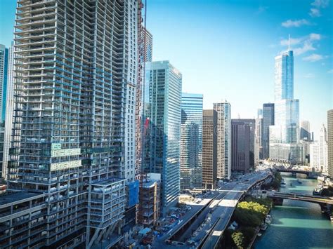 Top View Skyline And Office Buildings Along Chicago River Editorial