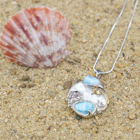 Dolphins Pendant Necklace With Two Larimar Stones And Mother Of Pearl