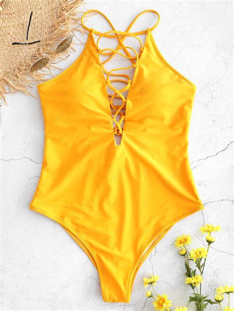 27 Off 2020 Lace Up Plunge One Piece Swimsuit In Rubber Ducky Yellow