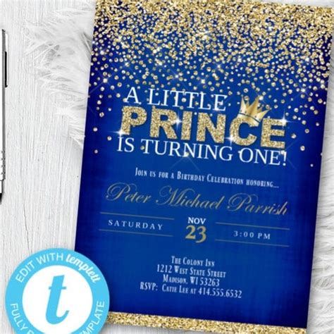 Blue And Gold Birthday Invitation Royal Celebration Prince Etsy