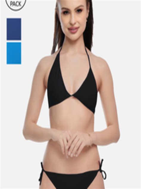 buy fims women pack of 3 black blue and navy blue solid satin bikini lingerie set lingerie set