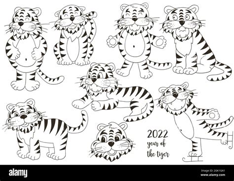 Set Of Tigers In Hand Draw Style Symbol Of Faces Of Tigers New