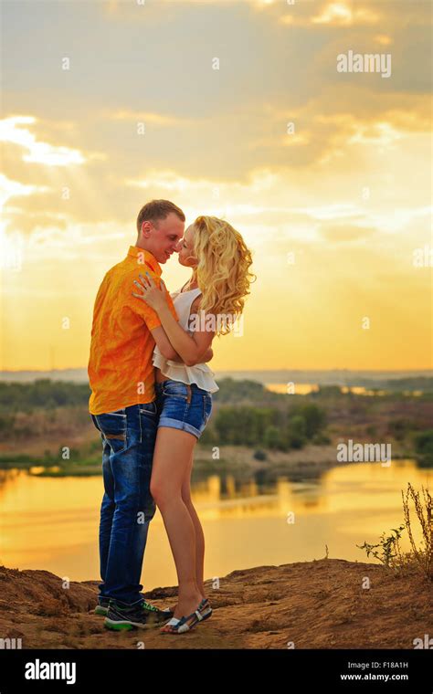 Loving Couple Passionate Embrace Sunset Summer Day The Concept Of A