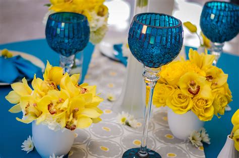 K Vera Blue And Yellow Wedding Centerpiece Tablescape Turquoise Wedding
