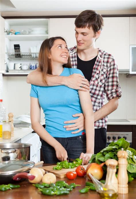 Young Couple Hugging In Kitchen Stock Photo Image Of Hugging Flirt