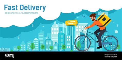fast delivery order delivery guy walking around city on bicycle blue horizontal banner fast