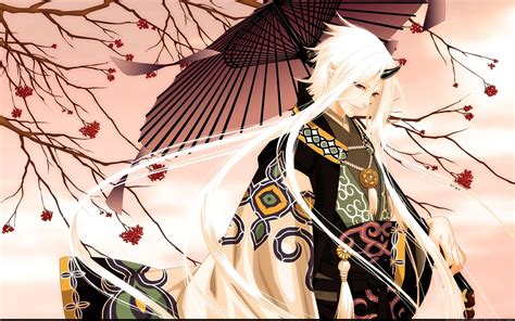White Haired Male Anime Character Holding Paper Umbrella Illustration Hiiro No Kakera Girl