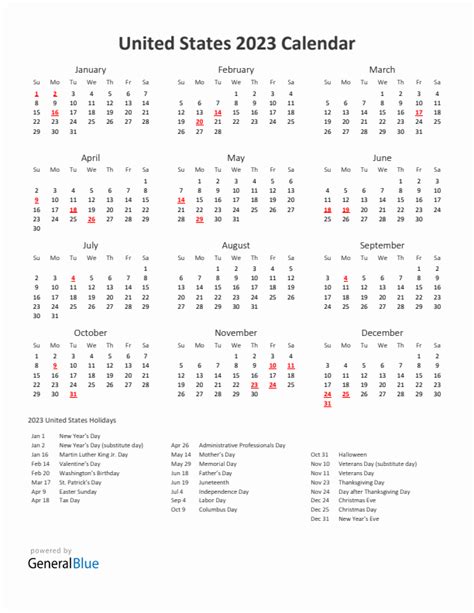 2023 United States Calendar With Holidays