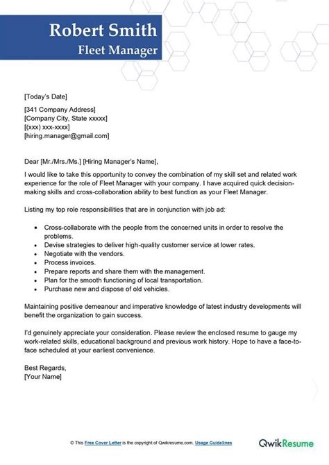 Fleet Manager Cover Letter Examples Qwikresume